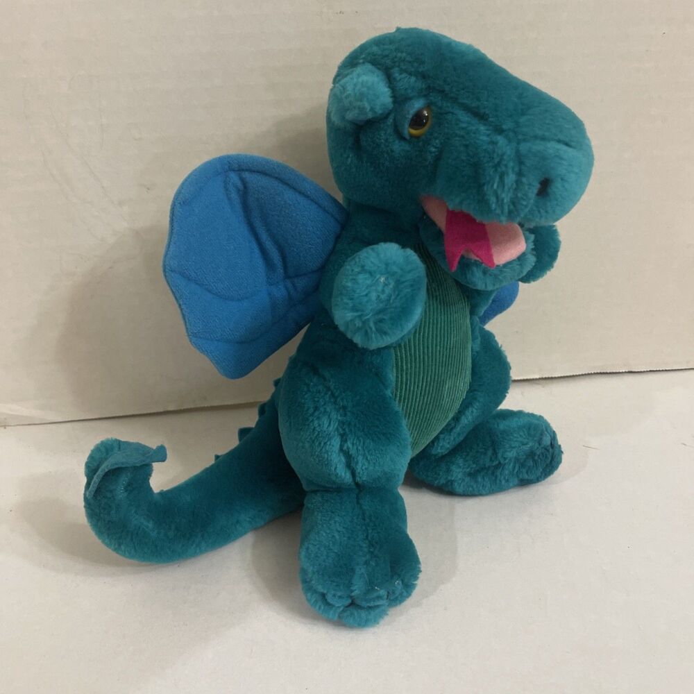 Vintage Dakin Plush Teal Dragon 10” Wings Corduroy Belly 1983 Stuffed Animal 9”
